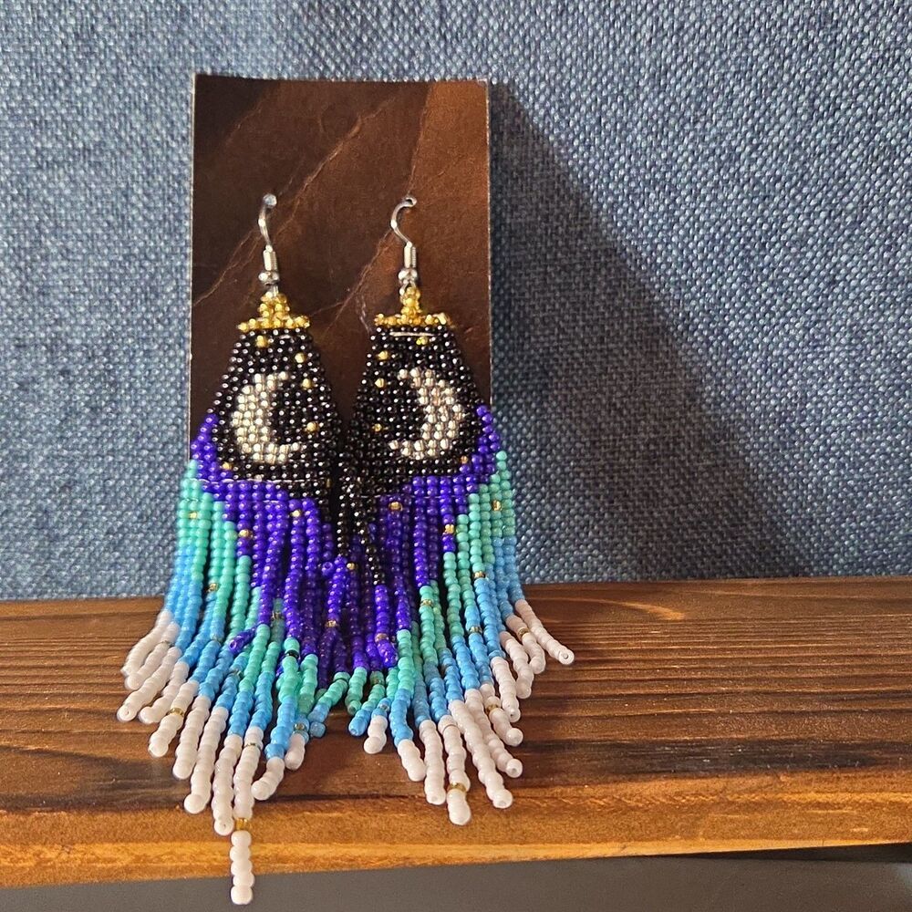 Boho Celestial Moon Seed Bead Fringe Dangle Earrings - Picture 6 of 16